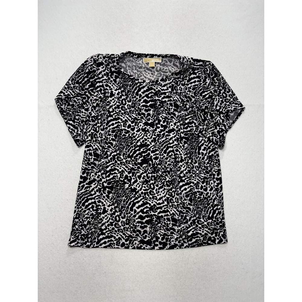 MICHAEL Michael Kors Womens Large Black Animal Print Short Sleeve Scoop Neck Tee
